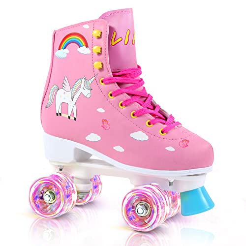 LIKU Quad Roller Skates for Girl and Women with All Wheel Light Up,Indoor/Outdoor Lace-Up Fun Illuminating Roller Skate for Kid (Pink, J12-J13)
