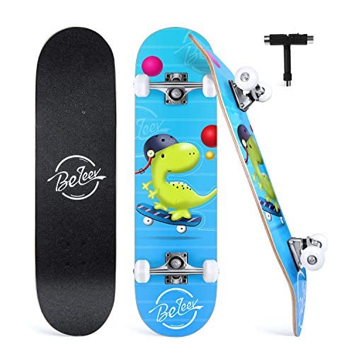 BELEEV Skateboards for Beginners, 31 Inch Complete Skateboard for Kids Teens Adults, 7 Layer Canadian Maple Double Kick Deck Concave Cruiser Trick Skateboard (Green)