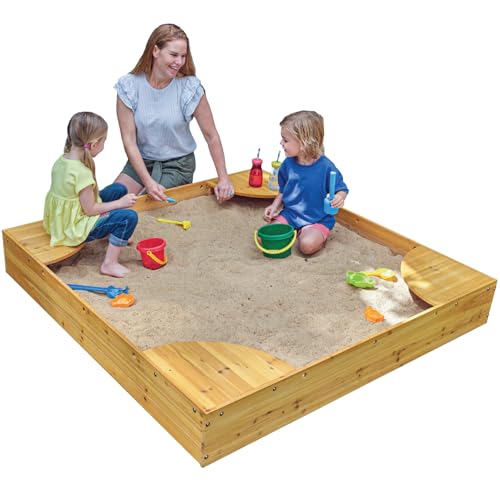 KidKraft Wooden Backyard Sandbox with Built-in Corner Seating and Mesh Cover, Kid's Outdoor Furniture, Honey, Gift for Ages 2-8