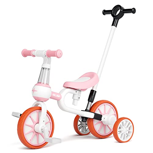 GLAF Toddler Tricycle for 1-3 Years Old Push Bike 5 in 1 Kids Trike Bike with Parent Push Handle for Ages 2 Girls Boys Push Tricycles with Removable Pedal and Adjustable Seat and Handle (Pink Pusher)