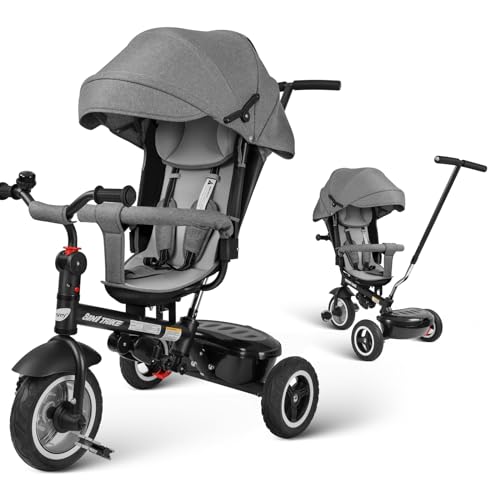 besrey Toddler Tricycle with Push Handle, Tricycle for toddlers 1-3， Baby Tricycle， Kids Tricycle, Tricycle Stroller with Push Handle, Trike for Toddlers, All Terrain Rubber Wheel, 360° Swivel Seat