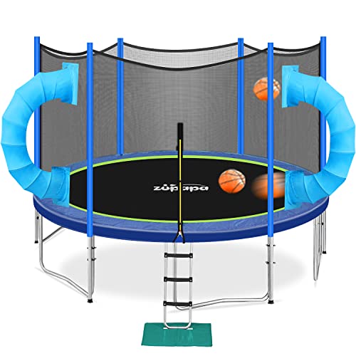 Zupapa Trampolines No-Gap Design 1500 LBS Weight Capacity 16 15 14 12 10 8FT for Kids Children with Safety Enclosure Net Outdoor Backyards Large Recreational Trampoline