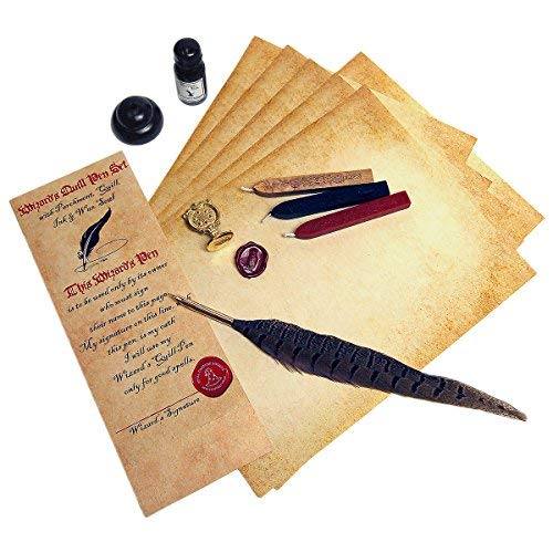 Nostalgic Impressions Harry Potter Quill & Ink Wizard's Writing Bundle with Parchment Paper & Owl Sealing Wax Seal Stamp