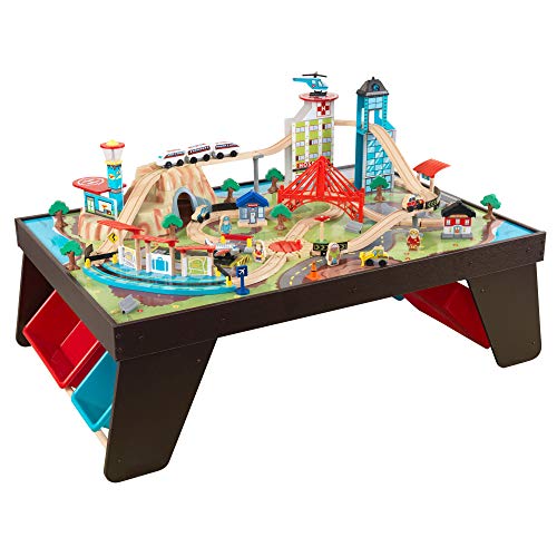 KidKraft Aero City Wooden Train Set & Table with 80-Pieces and 4 Storage Bins, Espresso