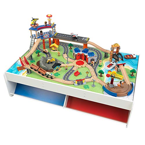 KidKraft Railway Express Wooden Train Set & Table with 79 Pieces and Two Storage Bins, Multicolor, 83.9' x 31.1' x 13, 18012
