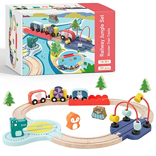 Wooden Train Set for Toddler with Train Track & Bead Maze, fits Brio, fits Thomas, fits Melissa and Doug, Toy Train for 18 Month 2 3 4 Year Old Boys and Girls