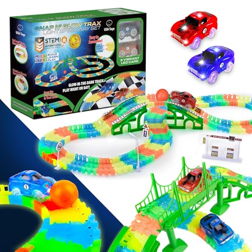 USA Toyz Glow Trax Glow in The Dark Race Tracks for Kids- Speedway Race Car Track Set with 360pk Flexible Roads, 2 Light Up Toy Cars, Bridges, Ramps, Play Set STEM Building Toys for Boys and Girls