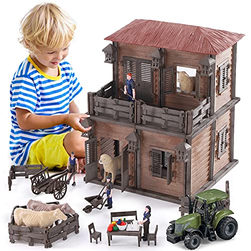 Lucky Doug Farm Animal House Toys Playset for Kids Toddlers Ages 3-8, 187 PCS Farm Building Toys Farmhouse Figures Pretend Play Set with 4 Animals, 4 Figures, A Tractor, 11" L x11 W x 14" H