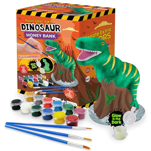 Original Stationery Paint Your Own Dinosaur Money Bank, Awesome Craft Kit with 12Paint Colors, Roarsome Crafts for Kids and Fun Birthday Gift Idea